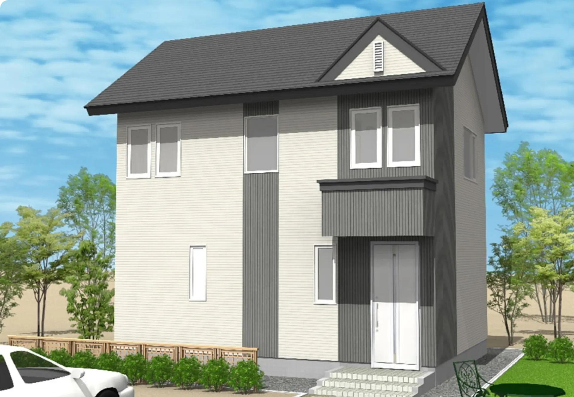 落ち着いたツートーンカラーのモダンな二階建て住宅外観